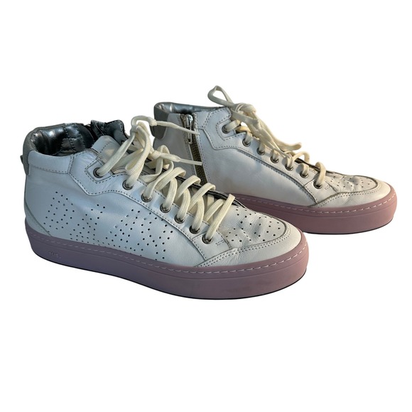 P448 Love Platform Italian Leather High Top Sneakers Side Zip Size 39 White Pink - Picture 1 of 11